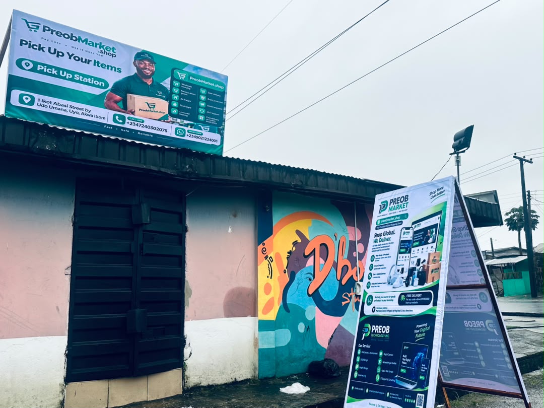 Preob Market pickup station exterior and roadside signs